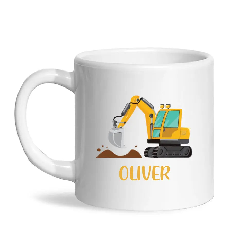 Personalised Digger Mug - Custom Name Kids Cup - Excavator Construction Theme - Ceramic or Enamel - 11oz, 6oz, or Camping Mug - NZ Made