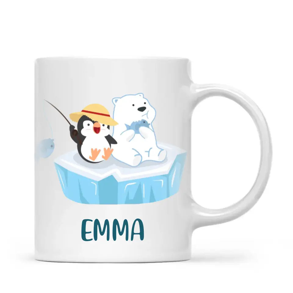 Personalised Penguin & Polar Bear Mug - Custom Name Kids Cup - Cute Arctic Animal Friends Design - 11oz or 6oz - NZ Made