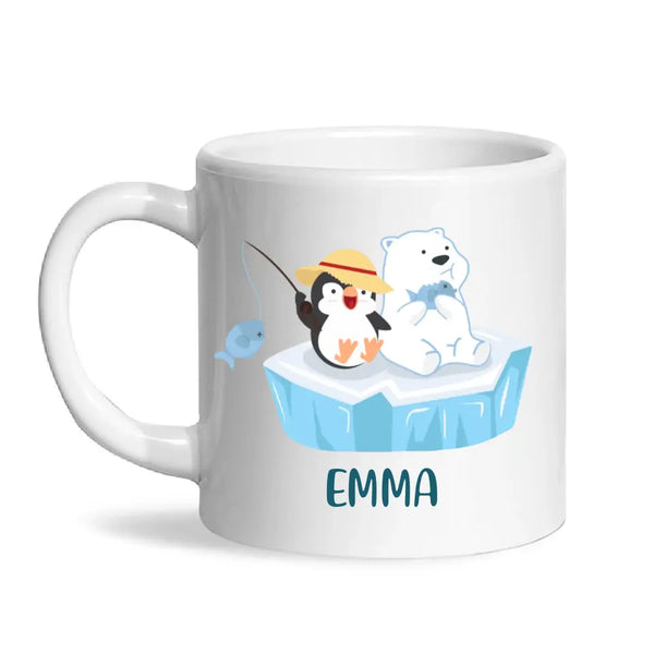 Personalised Penguin & Polar Bear Mug - Custom Name Kids Cup - Cute Arctic Animal Friends Design - 11oz or 6oz - NZ Made
