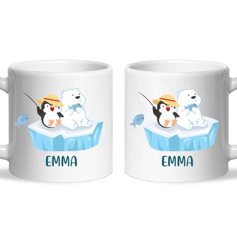 Personalised Penguin & Polar Bear Mug - Custom Name Kids Cup - Cute Arctic Animal Friends Design - 11oz or 6oz - NZ Made