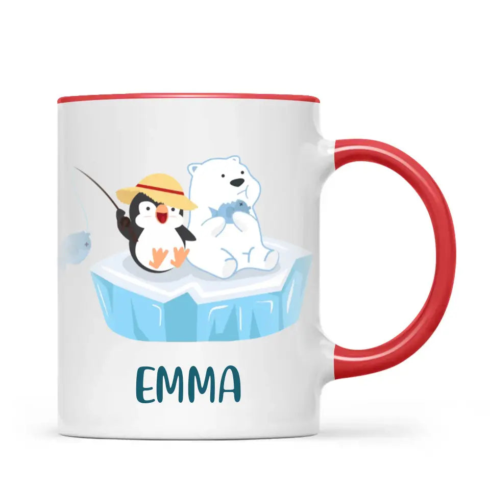 Personalised Penguin & Polar Bear Mug - Custom Name Kids Cup - Cute Arctic Animal Friends Design - 11oz or 6oz - NZ Made