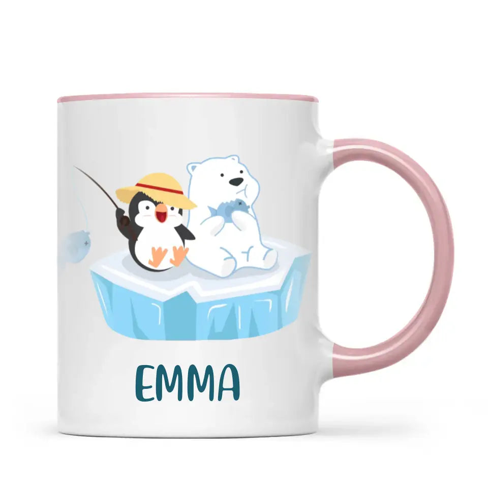 Personalised Penguin & Polar Bear Mug - Custom Name Kids Cup - Cute Arctic Animal Friends Design - 11oz or 6oz - NZ Made
