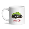 Personalised with Name, Green Dinosaur Monster Truck Kids Mug – Customised Dino-Themed Big Wheels Cup for Children – Available in 11oz, 6oz & Enamel Options