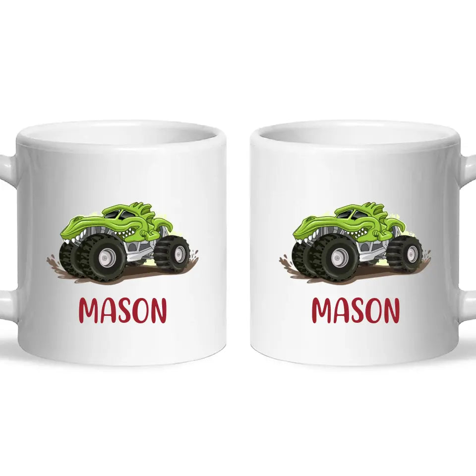 Personalised with Name, Green Dinosaur Monster Truck Kids Mug – Customised Dino-Themed Big Wheels Cup for Children – Available in 11oz, 6oz & Enamel Options