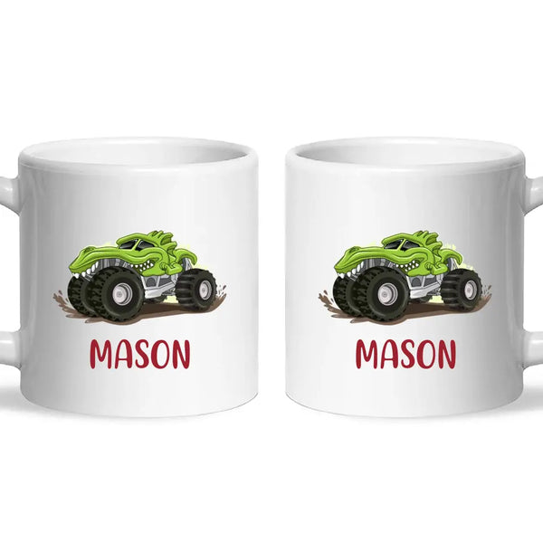 Personalised with Name, Green Dinosaur Monster Truck Kids Mug – Customised Dino-Themed Big Wheels Cup for Children – Available in 11oz, 6oz & Enamel Options