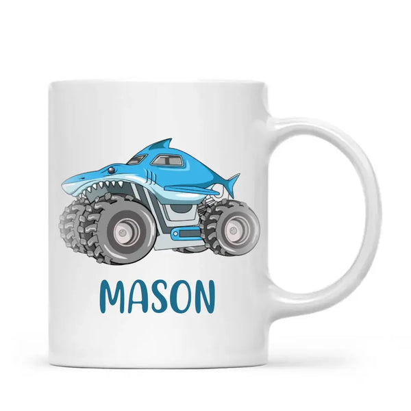 Personalised Shark Monster Truck Mug - Custom Name Kids Cup - 11oz or 6oz - Fun Blue Design - NZ Made