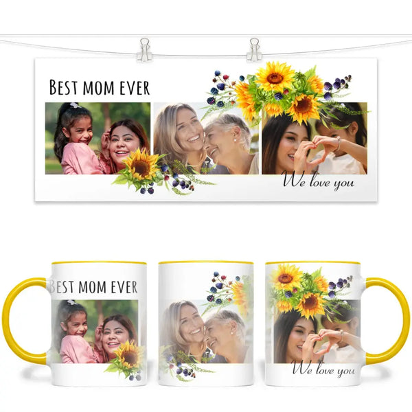 Personalised Best Mom Ever Photo Collage Mug with Sunflowers - Custom Photo Gift for Mum - 11oz - NZ Made