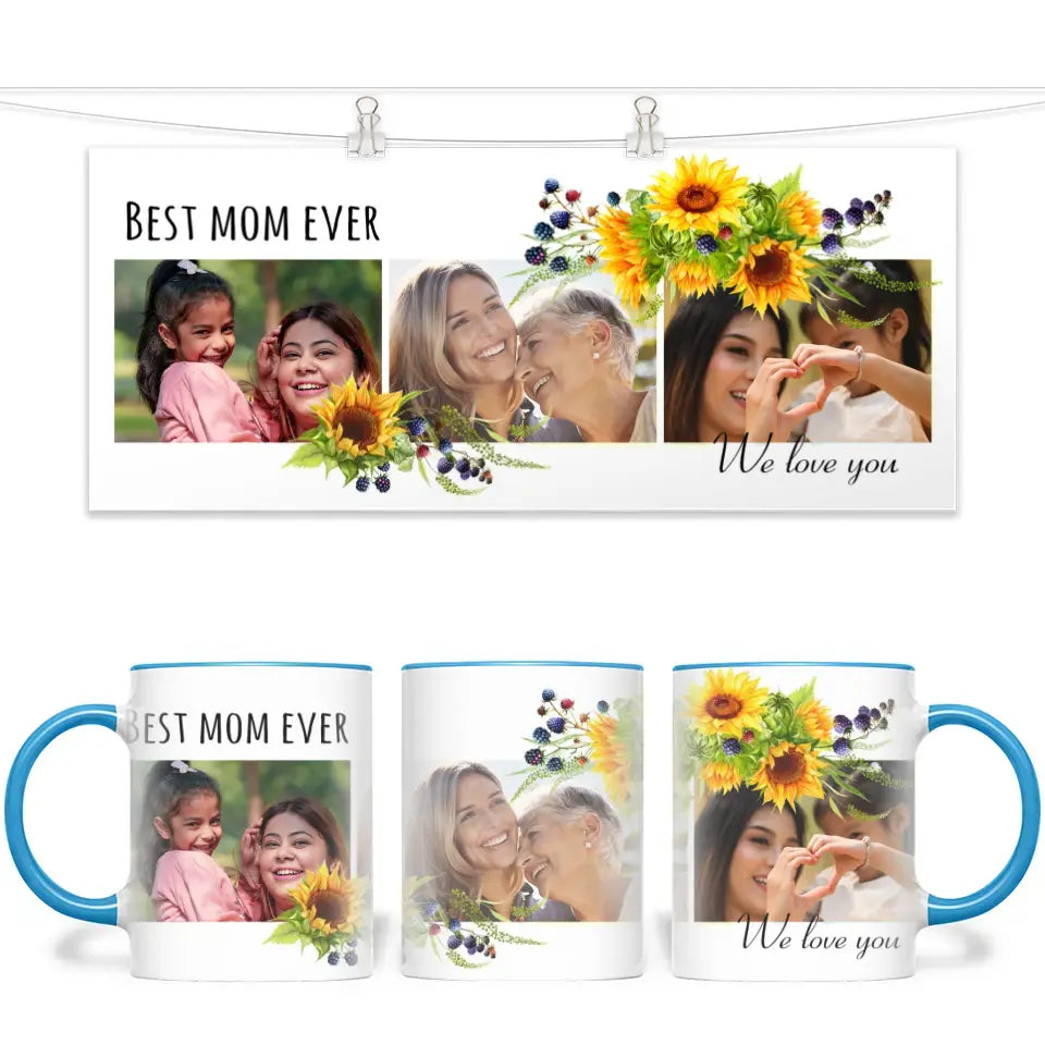 Personalised Best Mom Ever Photo Collage Mug with Sunflowers - Custom Photo Gift for Mum - 11oz - NZ Made