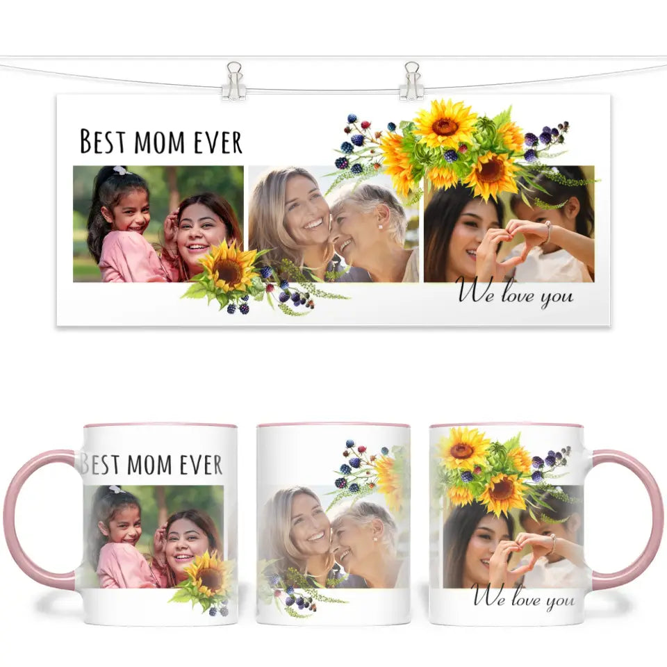 Personalised Best Mom Ever Photo Collage Mug with Sunflowers - Custom Photo Gift for Mum - 11oz - NZ Made