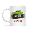 Personalised with Name, Green Dinosaur Monster Truck Kids Mug – Customised Dino-Themed Big Wheels Cup for Children – Available in 11oz, 6oz & Enamel Options