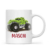 Personalised with Name, Green Dinosaur Monster Truck Kids Mug – Customised Dino-Themed Big Wheels Cup for Children – Available in 11oz, 6oz & Enamel Options