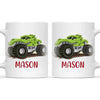 Personalised with Name, Green Dinosaur Monster Truck Kids Mug – Customised Dino-Themed Big Wheels Cup for Children – Available in 11oz, 6oz & Enamel Options