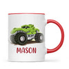 Personalised with Name, Green Dinosaur Monster Truck Kids Mug – Customised Dino-Themed Big Wheels Cup for Children – Available in 11oz, 6oz & Enamel Options
