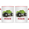 Personalised with Name, Green Dinosaur Monster Truck Kids Mug – Customised Dino-Themed Big Wheels Cup for Children – Available in 11oz, 6oz & Enamel Options