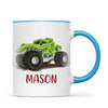 Personalised with Name, Green Dinosaur Monster Truck Kids Mug – Customised Dino-Themed Big Wheels Cup for Children – Available in 11oz, 6oz & Enamel Options