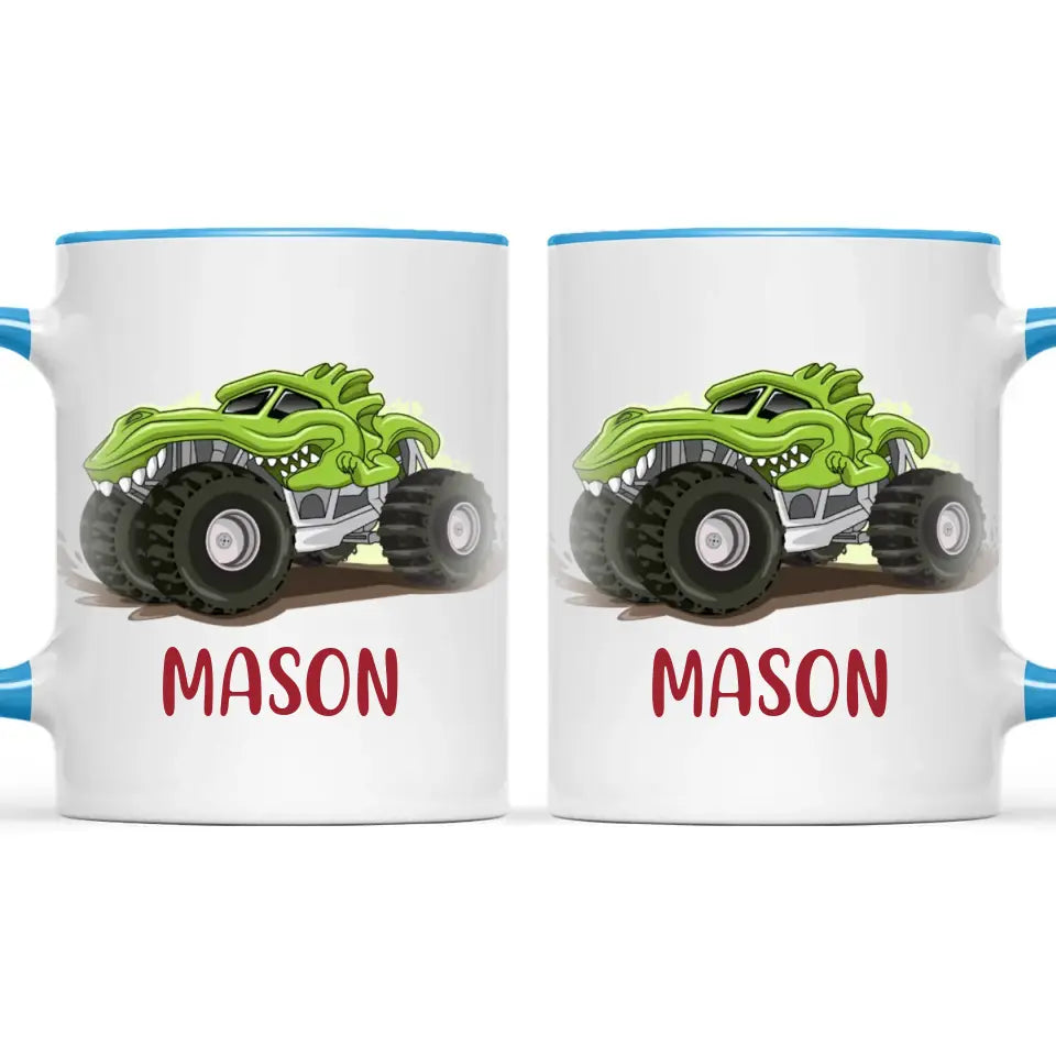 Personalised with Name, Green Dinosaur Monster Truck Kids Mug – Customised Dino-Themed Big Wheels Cup for Children – Available in 11oz, 6oz & Enamel Options