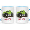 Personalised with Name, Green Dinosaur Monster Truck Kids Mug – Customised Dino-Themed Big Wheels Cup for Children – Available in 11oz, 6oz & Enamel Options