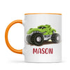 Personalised with Name, Green Dinosaur Monster Truck Kids Mug – Customised Dino-Themed Big Wheels Cup for Children – Available in 11oz, 6oz & Enamel Options