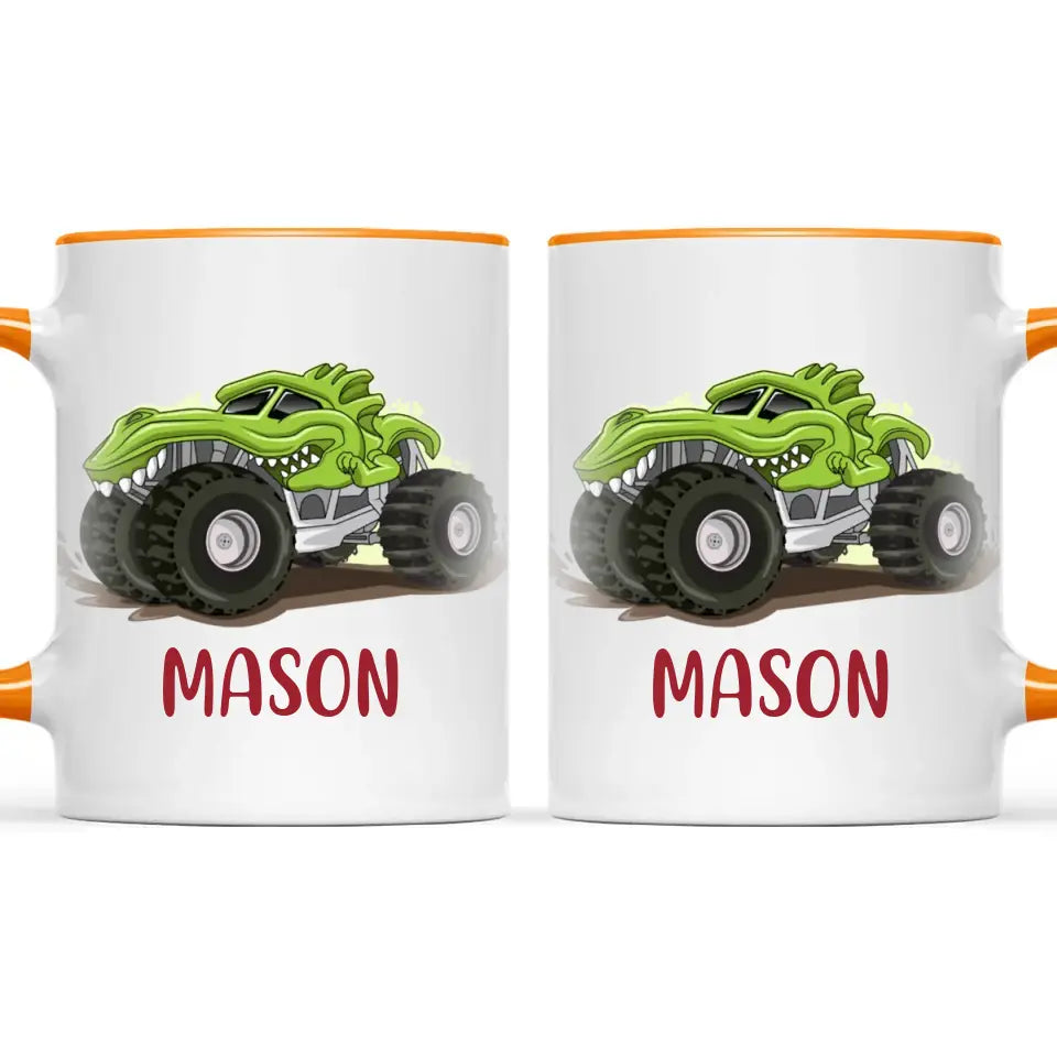 Personalised with Name, Green Dinosaur Monster Truck Kids Mug – Customised Dino-Themed Big Wheels Cup for Children – Available in 11oz, 6oz & Enamel Options