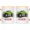 Personalised with Name, Green Dinosaur Monster Truck Kids Mug – Customised Dino-Themed Big Wheels Cup for Children – Available in 11oz, 6oz & Enamel Options