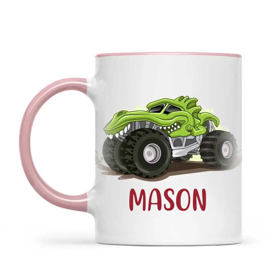 Personalised with Name, Green Dinosaur Monster Truck Kids Mug – Customised Dino-Themed Big Wheels Cup for Children – Available in 11oz, 6oz & Enamel Options