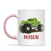 Personalised with Name, Green Dinosaur Monster Truck Kids Mug – Customised Dino-Themed Big Wheels Cup for Children – Available in 11oz, 6oz & Enamel Options