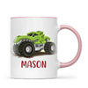 Personalised with Name, Green Dinosaur Monster Truck Kids Mug – Customised Dino-Themed Big Wheels Cup for Children – Available in 11oz, 6oz & Enamel Options