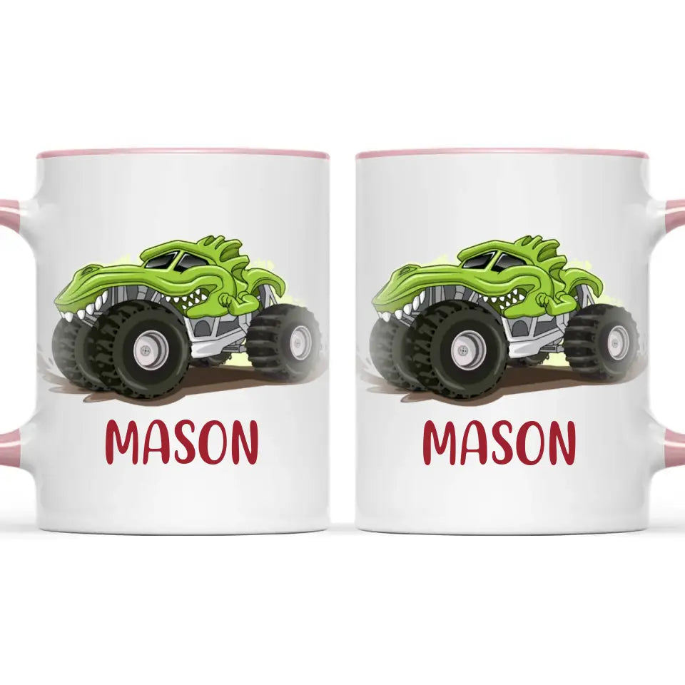 Personalised with Name, Green Dinosaur Monster Truck Kids Mug – Customised Dino-Themed Big Wheels Cup for Children – Available in 11oz, 6oz & Enamel Options