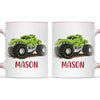 Personalised with Name, Green Dinosaur Monster Truck Kids Mug – Customised Dino-Themed Big Wheels Cup for Children – Available in 11oz, 6oz & Enamel Options