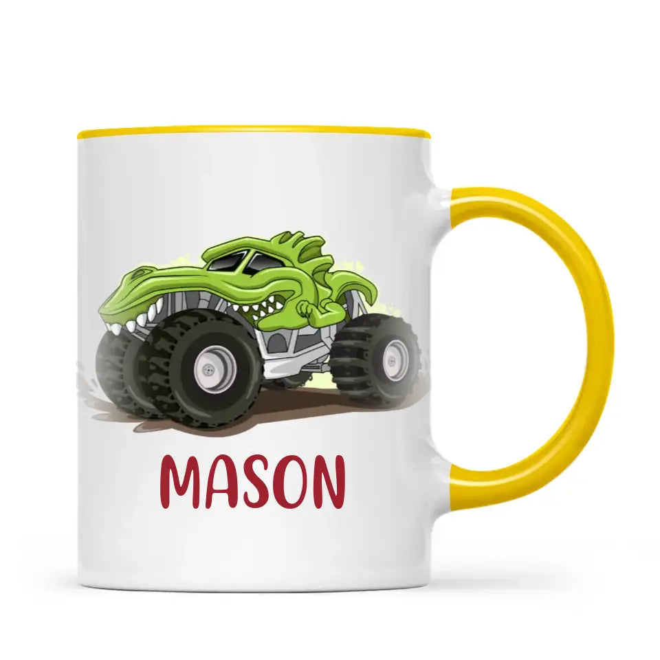 Personalised with Name, Green Dinosaur Monster Truck Kids Mug – Customised Dino-Themed Big Wheels Cup for Children – Available in 11oz, 6oz & Enamel Options