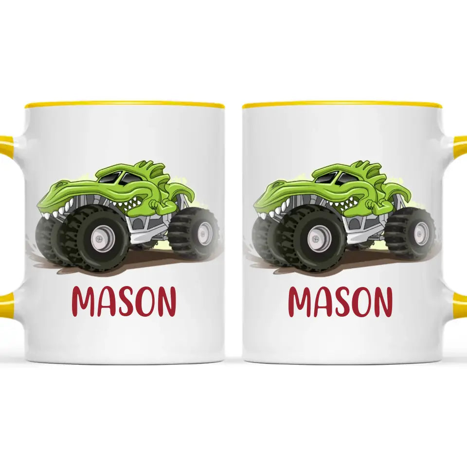 Personalised with Name, Green Dinosaur Monster Truck Kids Mug – Customised Dino-Themed Big Wheels Cup for Children – Available in 11oz, 6oz & Enamel Options