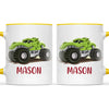Personalised with Name, Green Dinosaur Monster Truck Kids Mug – Customised Dino-Themed Big Wheels Cup for Children – Available in 11oz, 6oz & Enamel Options