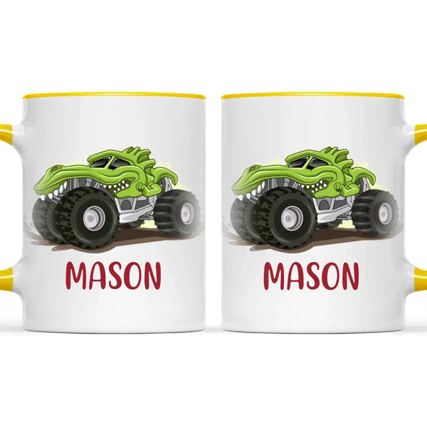 Personalised with Name, Green Dinosaur Monster Truck Kids Mug – Customised Dino-Themed Big Wheels Cup for Children – Available in 11oz, 6oz & Enamel Options