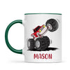 Personalised with Name, Red Monster Truck Kids Mug – Customised Off-Road Big Wheels Cup for Children – Available in 11oz, 6oz & Enamel Options