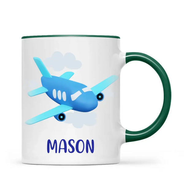 Personalised Aeroplane Mug - Custom Name Kids Cup - Blue Airplane Theme - Ceramic or Enamel - 11oz, 6oz, or Camping Mug - NZ Made