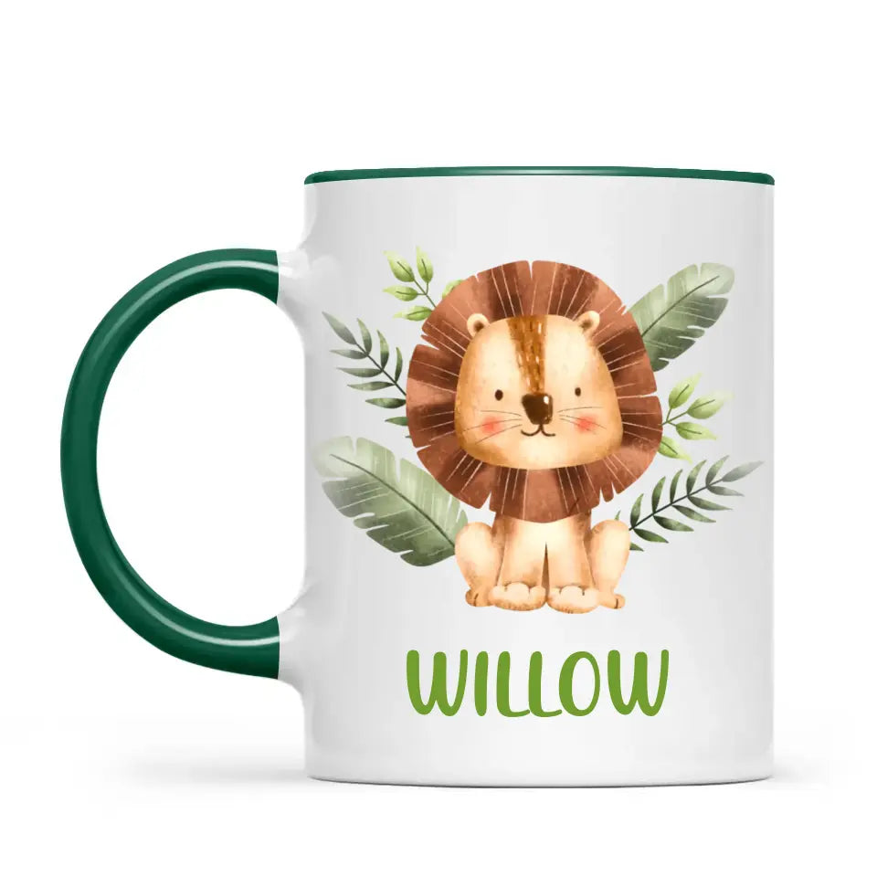 Personalised Lion Mug - Custom Name Kids Cup - Safari Animal Theme - Ceramic or Enamel - 11oz, 6oz, or Camping Mug - NZ Made