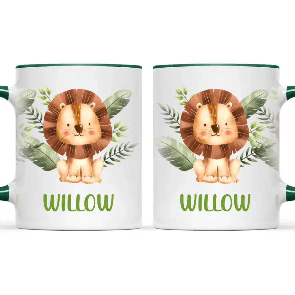 Personalised Lion Mug - Custom Name Kids Cup - Safari Animal Theme - Ceramic or Enamel - 11oz, 6oz, or Camping Mug - NZ Made