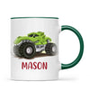 Personalised with Name, Green Dinosaur Monster Truck Kids Mug – Customised Dino-Themed Big Wheels Cup for Children – Available in 11oz, 6oz & Enamel Options