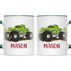 Personalised with Name, Green Dinosaur Monster Truck Kids Mug – Customised Dino-Themed Big Wheels Cup for Children – Available in 11oz, 6oz & Enamel Options