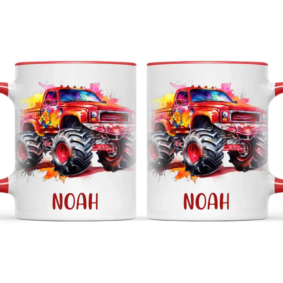 Personalised Red Monster Truck Cup - Custom Name Kids Mug - Off-Road Adventure - 11oz, 6oz or Enamel - NZ Made