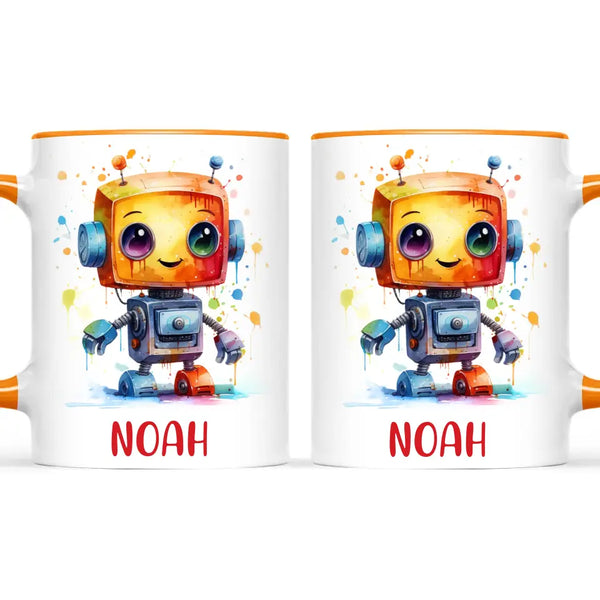 Personalised with Name, Colourful Robot Kids Mug – Customised Robot Character Cup for Children – Available in 11oz, 6oz & Enamel Options