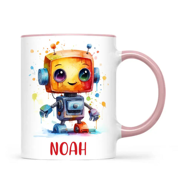 Personalised with Name, Colourful Robot Kids Mug – Customised Robot Character Cup for Children – Available in 11oz, 6oz & Enamel Options