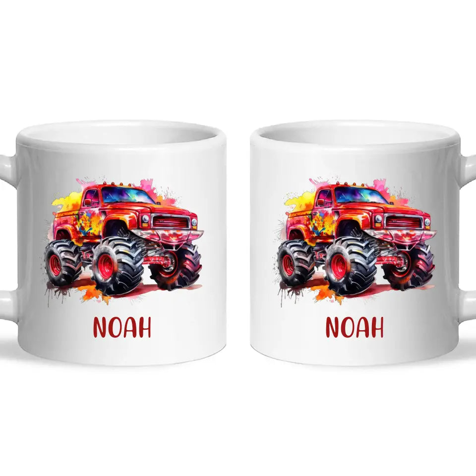 Personalised Red Monster Truck Cup - Custom Name Kids Mug - Off-Road Adventure - 11oz, 6oz or Enamel - NZ Made