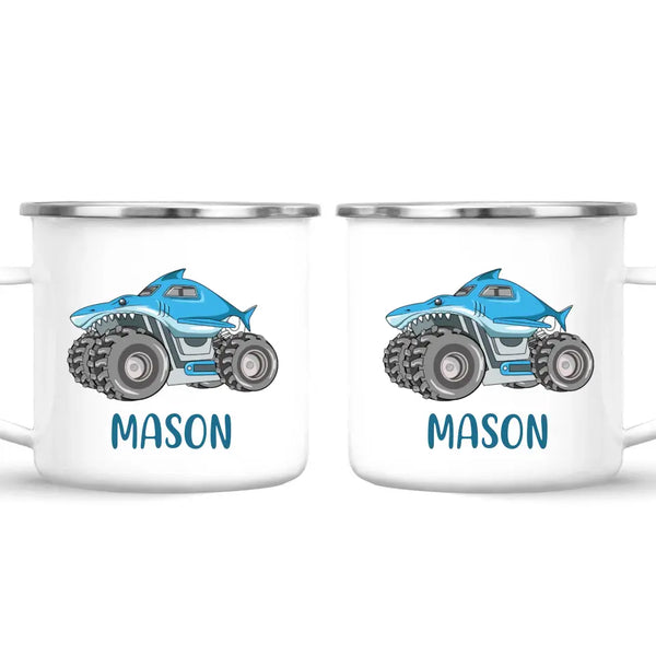 Personalised Shark Monster Truck Mug - Custom Name Kids Cup - 11oz or 6oz - Fun Blue Design - NZ Made
