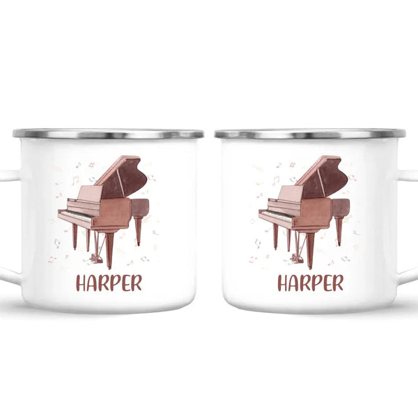 Personalised Piano Mug - Custom Name Kids Cup - Music Lover Gift - Grand Piano Theme - Ceramic or Enamel - 11oz, 6oz, or Camping Mug - NZ Made