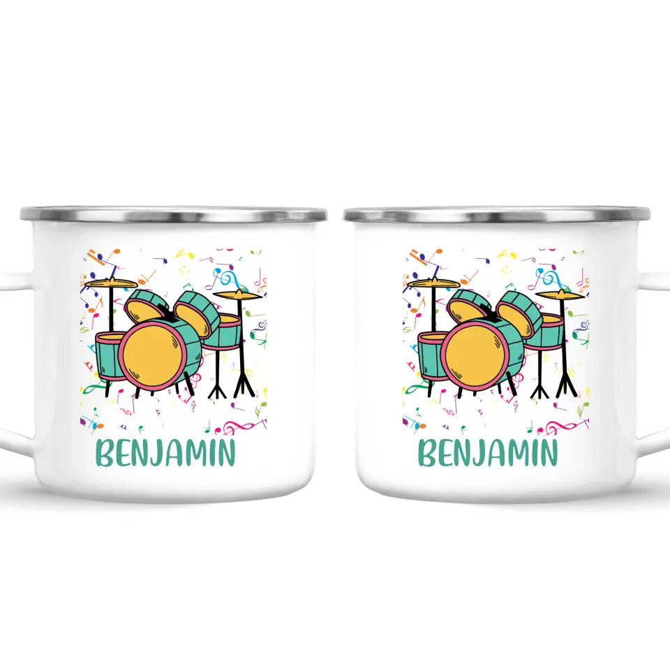 Personalised Drum Set Mug - Custom Name Kids Cup - Music Lover Gift - Ceramic or Enamel - 11oz, 6oz, or Camping Mug - NZ Made