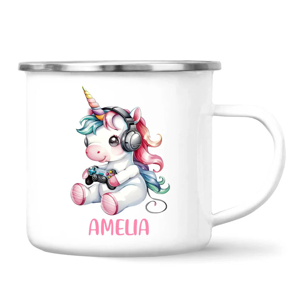 Personalised Gaming Unicorn Kids Cup - Custom Name Mug for Girls - 11oz, 6oz or Enamel Cup - Cute Gamer Unicorn Gift - NZ Made
