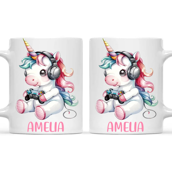 Personalised Gaming Unicorn Kids Cup - Custom Name Mug for Girls - 11oz, 6oz or Enamel Cup - Cute Gamer Unicorn Gift - NZ Made