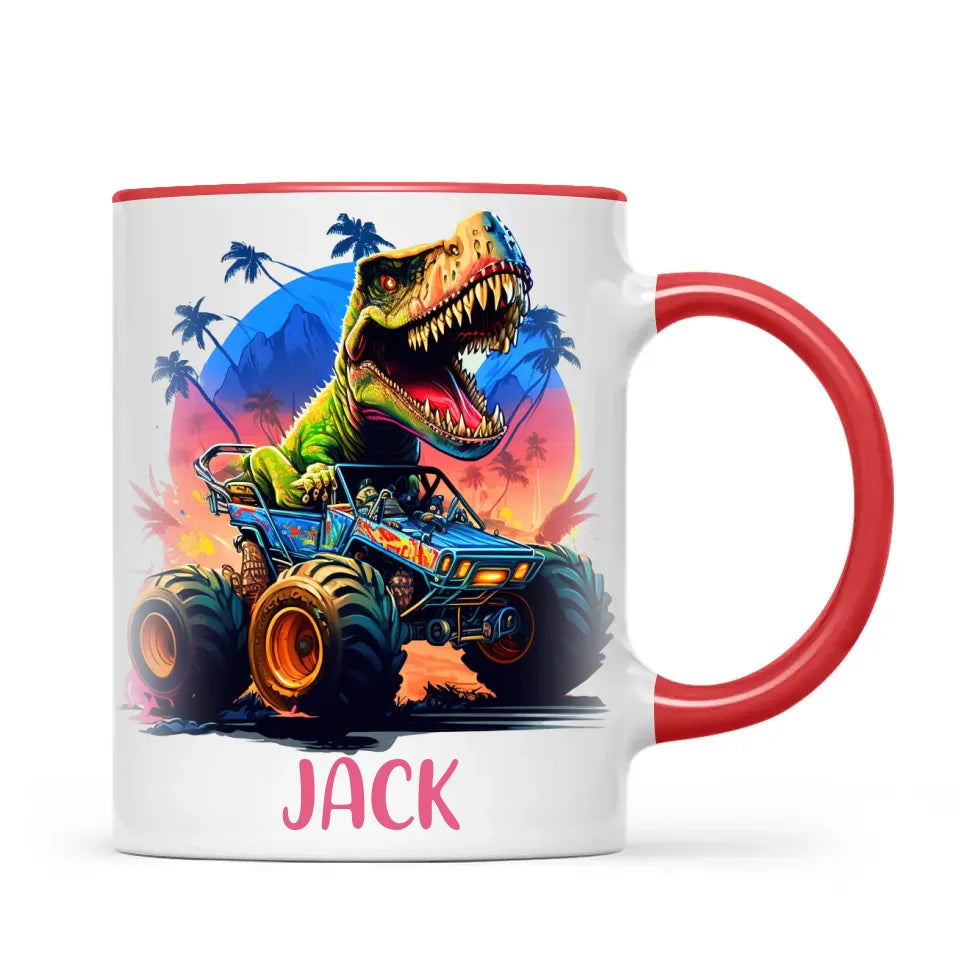 Personalised with Name, Dinosaur Monster Truck Kids Mug – Customised Dino Off-Road Cup for Children – Available in 11oz, 6oz & Enamel Options