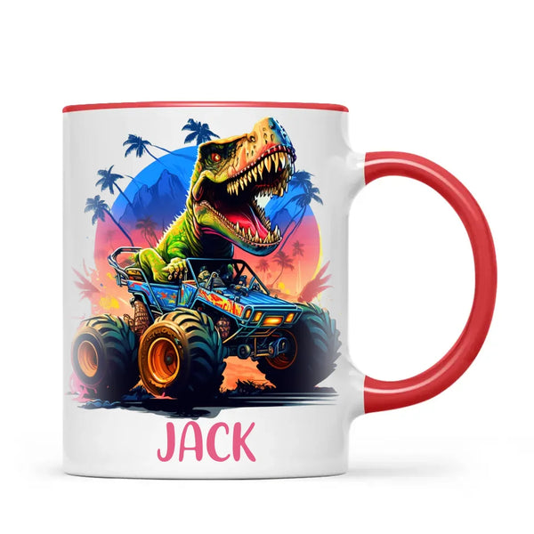 Personalised with Name, Dinosaur Monster Truck Kids Mug – Customised Dino Off-Road Cup for Children – Available in 11oz, 6oz & Enamel Options